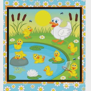 Painel com estampa de mãe pata e filhotes de pato, 112 cm de largura por 91 cm de altura.