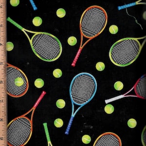 May include: A black background featuring a pattern of tennis rackets and tennis balls. The rackets have colourful handles in blue, red, green, and yellow. The tennis balls are a bright yellow-green.