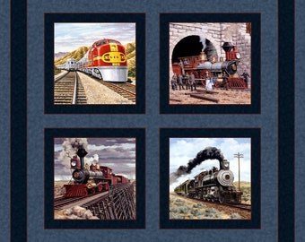 May include: A collage of four images featuring vintage steam locomotives and a modern diesel train. The images are framed in blue and set against a blue background.