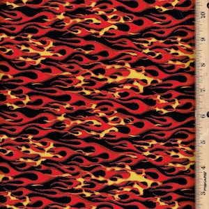 May include: Fabric with a repeating flame pattern in red, black, and yellow. The design features stylized flames, creating a dynamic and energetic visual effect. Ideal for apparel or craft projects.