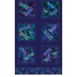 May include: A fabric panel featuring six squares with dragonfly designs in shades of blue, purple, and green. The panel measures approximately 24 inches by 44 inches. The top and bottom borders have a repeating floral pattern.