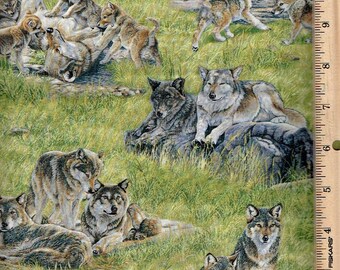 May include: Textile with a repeating pattern of wolves in a naturalistic setting. The wolves are shown in different poses, such as standing, sitting, and interacting. The colour scheme includes shades of grey, brown, and green.