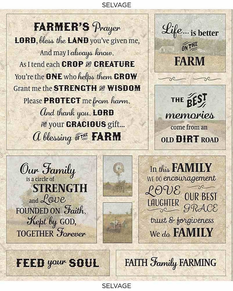 Puede incluir: Un collage de bloques de texto con tem&aacute;tica de granja con citas inspiradoras. Las frases incluyen "Oraci&oacute;n del granjero", "La vida es mejor en la granja" y "Nuestra familia es un c&iacute;rculo de fuerza y amor". La paleta de colores es neutra con tonos sepia.