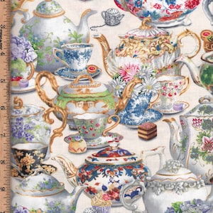 Fancy Tea,Tea Cups/Pots, 45" wide Listed @ 1/2 yard Elizabeth Studio, 100% cotton, 34000 cream