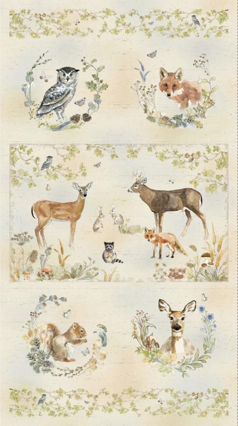 May include: A watercolor illustration of various woodland animals, including an owl, fox, deer, raccoon, squirrel, and rabbits. The animals are depicted in a whimsical style with a light beige background and green foliage.