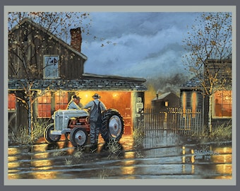 Puede incluir: Una pintura de una escena rural con un tractor gris y rojo vintage frente a un granero. Dos figuras están cerca del tractor, iluminadas por una luz cálida. Una barbería es visible en el fondo, el cielo está nublado. El texto "BARNHOUSE" y "JOHN 3:16" es visible.