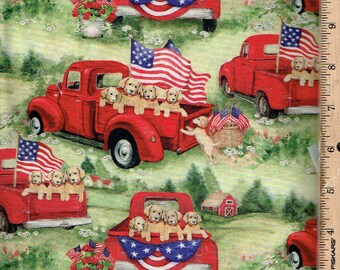 Patriotic Puppies in,Red truck, ,45" wide,100% cotton, Listed @ 1/2 yard