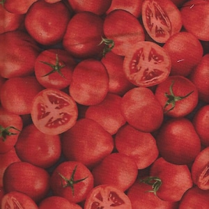 May include: A close-up image of a collection of ripe, red tomatoes. Some tomatoes are whole, while others are sliced in half, revealing the juicy interior. Green stems are visible on some of the whole tomatoes. The tomatoes are densely packed together.