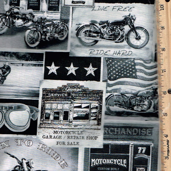 Motorcycle,on Black45" wide 100% cotton Listed @ 1/2 yard,  Timeless Treasures