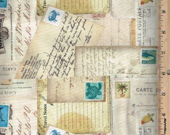 May include: A collage of vintage postcards and stamps with a travel theme. The design features handwritten script, postage stamps with turtles and palm trees, and the words "Travel Notes" and "Carte Postale".