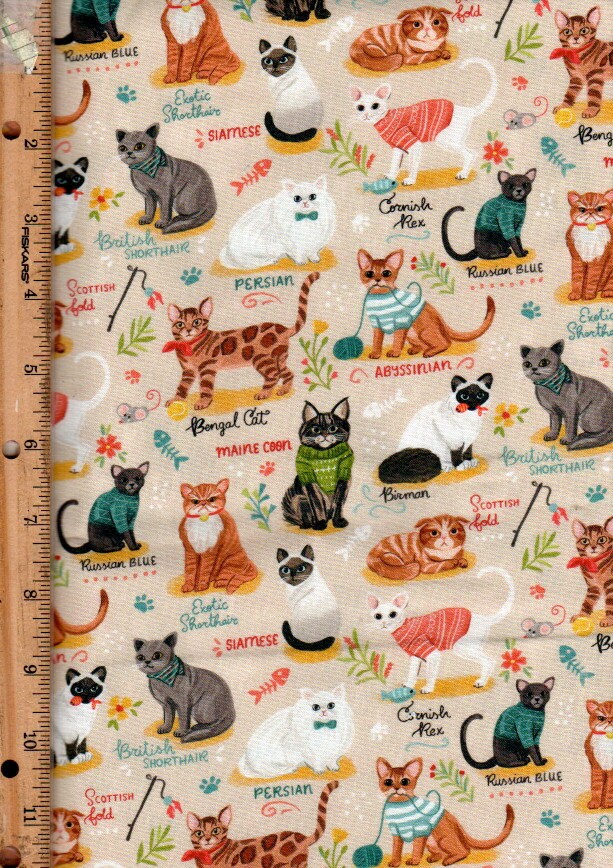 Cat Asst. Breeds, Timeless Treasures 45" wide Listed @1/2 yard