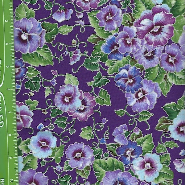 Pansy , Purple background  w, silver lining 100% cotton Listed @ 1/2 yard