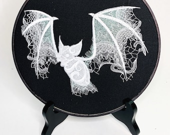 Bat gothic lace embroidery hoop art gift white black home decor curiosity true crime SSDGM ghost Halloween horror movie murderino haunted