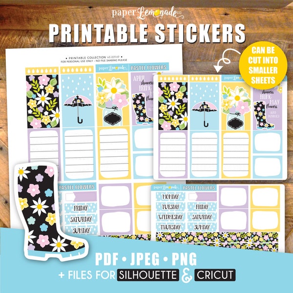 Spring flowers printable stickers sized for Happy Planner Classic rain boots and umbrellas bright spring colours flowers printable stickers