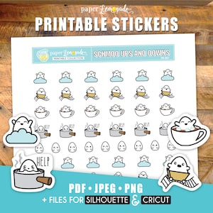 May include: Printable stickers featuring a ghost character in various poses, including floating in a cloud, holding a mug of hot chocolate, and taking a bath. The stickers are designed for use with a Silhouette or Cricut cutting machine. The text "Schmoo Ups and Downs" is printed on the sheet.