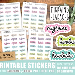 Puede incluir: Pegatinas imprimibles para planificadores y calendarios con las palabras "migraña" y "dolor de cabeza" en varios colores y fuentes. Las pegatinas están diseñadas con una forma de estrella.