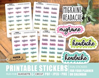 May include: Printable stickers for planners and calendars with the words "migraine" and "headache" in various colors and fonts. The stickers are designed with a starburst shape.