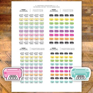 K&ouml;nnte beinhalten: Druckbare Planer-Aufkleber mit einem Drucker-Design in verschiedenen Farben, darunter Pink, Gelb, Gr&uuml;n, Blau, Orange und Lila. Die Aufkleber sind in Reihen und Spalten auf wei&szlig;em Hintergrund angeordnet. Der Text "PAPER LEMONADE" und "PRINTING MINI" ist auf dem Blatt sichtbar.