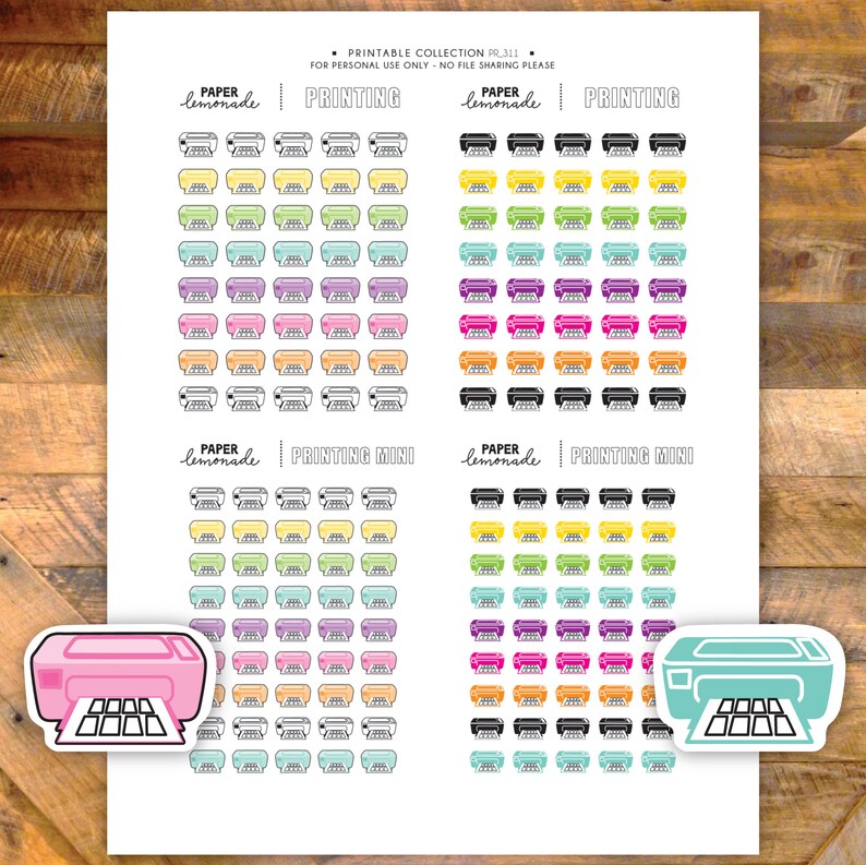 K&ouml;nnte beinhalten: Druckbare Planer-Aufkleber mit einem Drucker-Design in verschiedenen Farben, darunter Pink, Gelb, Gr&uuml;n, Blau, Orange und Lila. Die Aufkleber sind in Reihen und Spalten auf wei&szlig;em Hintergrund angeordnet. Der Text "PAPER LEMONADE" und "PRINTING MINI" ist auf dem Blatt sichtbar.