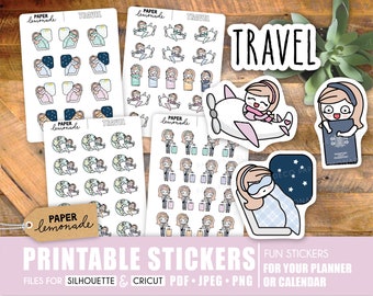 Travel girl printable stickers plane ride got my passport girl with suitcase vacation stickers for your planner