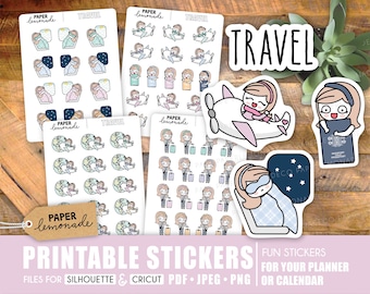 May include: Printable stickers for planners and calendars featuring a travel theme. The stickers include illustrations of a girl on a plane, a girl with a passport, a girl sleeping on a plane, and a girl holding a suitcase. The stickers are in a variety of colors, including pink, blue, and green.