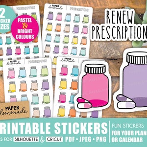 Prescription refill renew reminder medication pill printable planner stickers