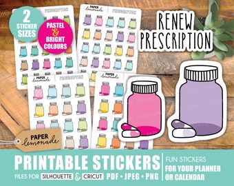 May include: Printable stickers for planners and calendars featuring colorful pill bottles and pills. The stickers come in two sizes and say "Renew Prescription" on them.
