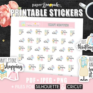 May include: Printable stickers featuring a variety of designs related to thrift shopping. The stickers include illustrations of clothing, hangers, a chair, and a book. The text on the stickers includes "Thrift Store Shopping", "Buy it and rock it", and "Out thrifting".