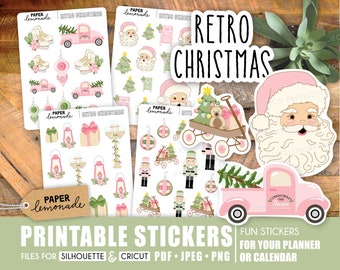 May include: A collection of printable stickers with a retro Christmas theme. The stickers feature illustrations of Santa Claus, Christmas trees, pink trucks, ice skates, ornaments, and gift boxes. The text "Retro Christmas" is displayed prominently.