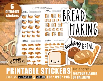 May include: A collection of printable stickers with a bread-making theme. The stickers feature various bread illustrations, including loaves, baguettes, and cartoon bread slices. The image also includes the text "Bread Making" and "Printable Stickers."