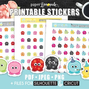 May include: Printable sticker sheets featuring colorful monster designs. The sheets include a variety of monsters with different colors, patterns, and expressions. The text "Party Monsters" and "Spotty Monsters" is visible on the sheets. The text "PDF. JPEG. PNG + FILES FOR SILHOUETTE & CRICUT" is visible at the bottom of the image.