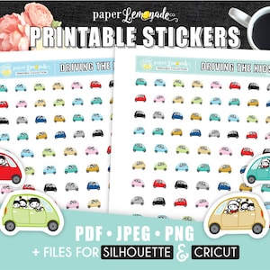 May include: Printable stickers featuring colorful cars with families inside. The stickers are labeled "Driving the Kids". The image also includes the text "PDF - JPEG - PNG + FILES FOR SILHOUETTE & CRICUT".