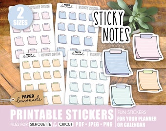 May include: Printable sticky note stickers in two sizes. The stickers are in various colours, including pink, blue, yellow, and green. The stickers have a handwritten look and are labelled "Sticky Notes". The text "Paper Lemonade" is also included on the stickers.