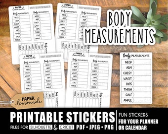 May include: Printable stickers for a planner or calendar with the text "Body Measurements" and a list of body parts to measure, including neck, arm, chest, waist, hips, thigh, calf, and ankle. The stickers are white with black text and lines.