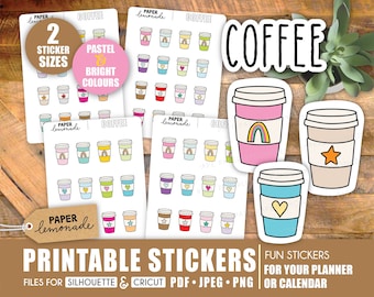 Coffee printable stickers for your planner drinking coffee need caffeine but first coffee coffee cup with rainbow heart and star