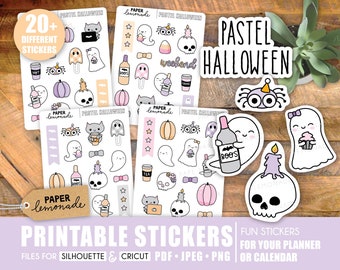 May include: Printable sticker sheet with 20+ pastel Halloween themed stickers. The stickers feature ghosts, pumpkins, skulls, bats, spiders, and more. The stickers are perfect for adding a touch of spooky fun to your planner, journal, or laptop.