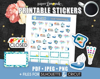 Printable Stickers Pool Maintenance stickers Printable pool chemicals sticker printable water testing vacuuming for kikki k filofax PR-191