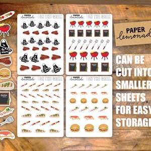 May include: Four sheets of stickers with a barbecue theme. The stickers feature images of grilling tools, food, and other barbecue-related items. The text on the stickers reads "Paper Lemonade" and "On the Grill".