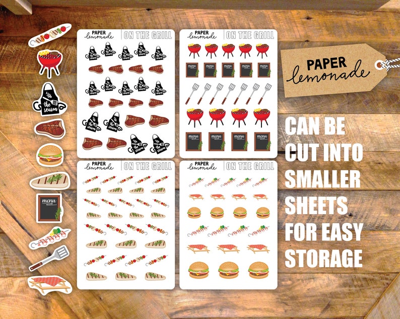 May include: Four sheets of stickers with a barbecue theme. The stickers feature images of grilling tools, food, and other barbecue-related items. The text on the stickers reads "Paper Lemonade" and "On the Grill".