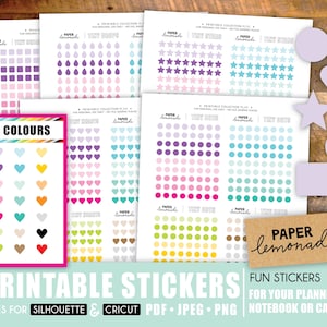 5 Blatt druckbare Mini-Formen: kleiner Punkt, Herz, Stern, Tropfen und Quadrat. Druckbare Sticker 21 Farben Mini Sticker für deinen Planer