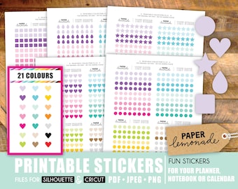 5 sheets of printable mini shapes: tiny dot, heart, star, teardrop and square. Printable stickers 21 colours mini stickers for your planner