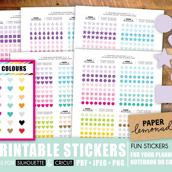 5 sheets of printable mini shapes: tiny dot, heart, star, teardrop and square. Printable stickers 21 colours mini stickers for your planner