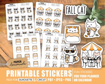 May include: Printable stickers featuring a fall cat theme. The stickers include a cat wearing sunglasses and holding a cup of coffee, a cat sleeping in a blanket, and a cat sitting at a table with a friend. The stickers are perfect for adding a touch of fall to your planner or calendar.