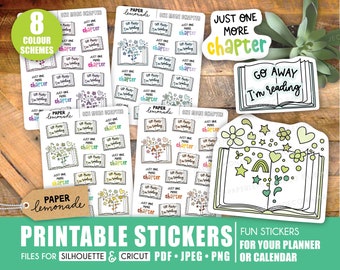 May include: Printable stickers for planners and calendars featuring a book with the text "Go Away I'm Reading" and "Just One More Chapter". The stickers are in various colors and designs, including flowers, stars, and rainbows.