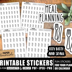 Printable black and white meal planning itty bitty stickers for your planner utensil stickers fork and knife icons to help plan your meals