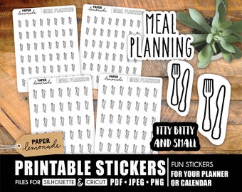 Printable black and white meal planning itty bitty stickers for your planner utensil stickers fork and knife icons to help plan your meals