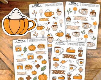 May include: A set of four sheets of pumpkin spice themed stickers. Each sheet has a variety of stickers including pumpkins, coffee cups, donuts, pie, and fall leaves. The stickers are printed on white paper with a glossy finish.
