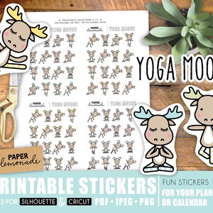 Yoga stickers printable yoga for your planner Lotus pose tree pose cute moose planner stickers meditation relaxation stickers