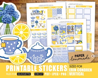 Weekly kit lemon tea printable stickers for EC Vertical cute lemon tea stickers for your planner print at home with teapot and hydrangeas