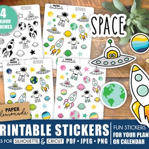 May include: Printable space-themed stickers with a variety of designs, including astronauts, rockets, planets, and UFOs. The stickers are available in four color schemes and are perfect for planners, journals, and other creative projects.